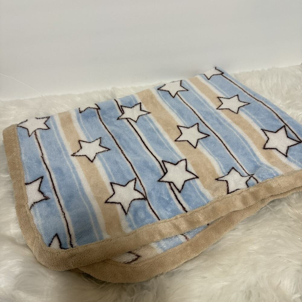 Babies Alley Baby Blanket Stars Brown Blue Stripes White Beige Tan Plush Fleece